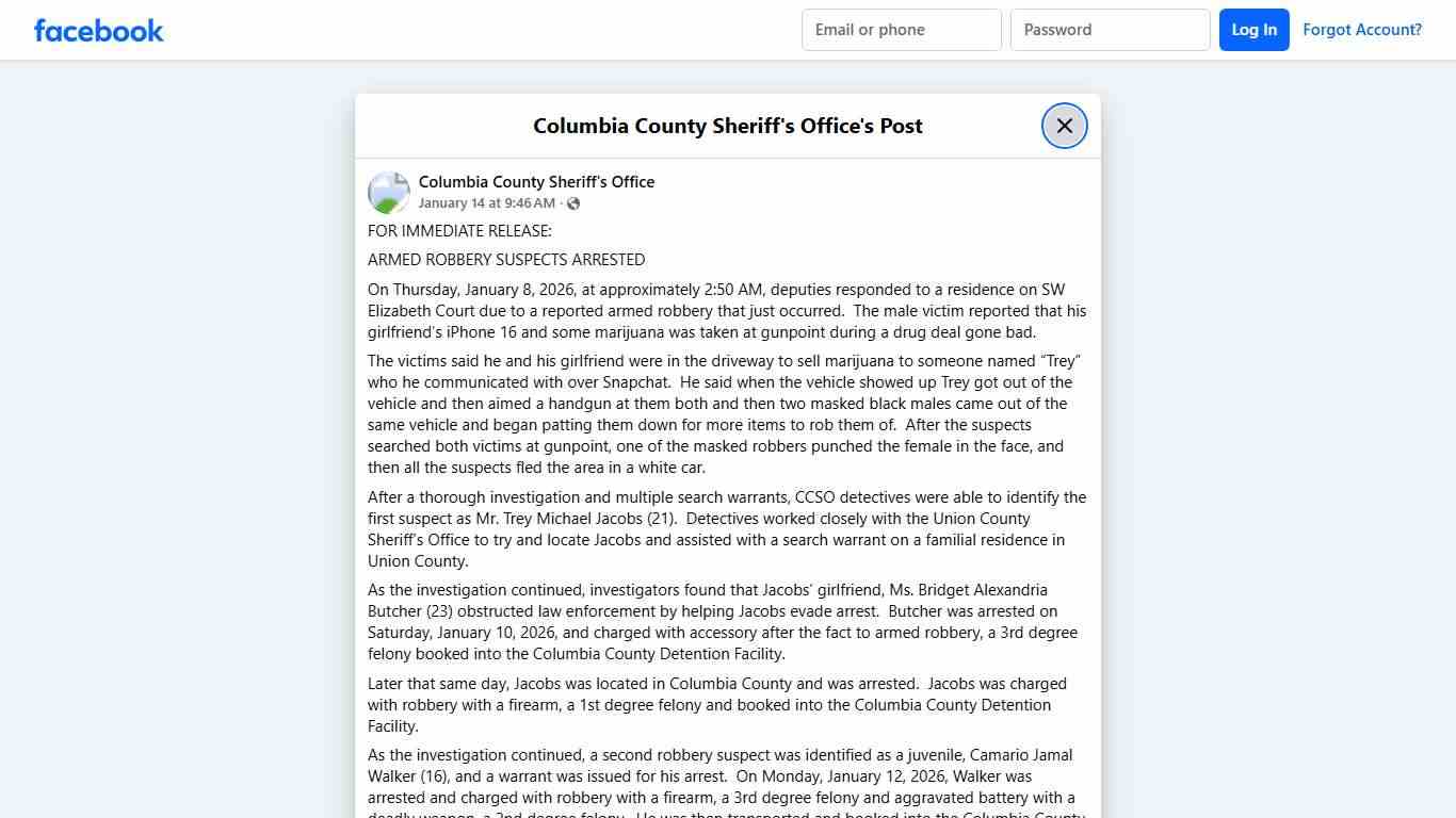 FOR IMMEDIATE RELEASE:... - Columbia County Sheriff's Office Facebook